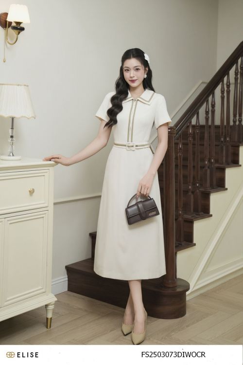 ĐẦM KEM CỔ ĐỨC VIỀN BE NÂU ĐAI CẠP