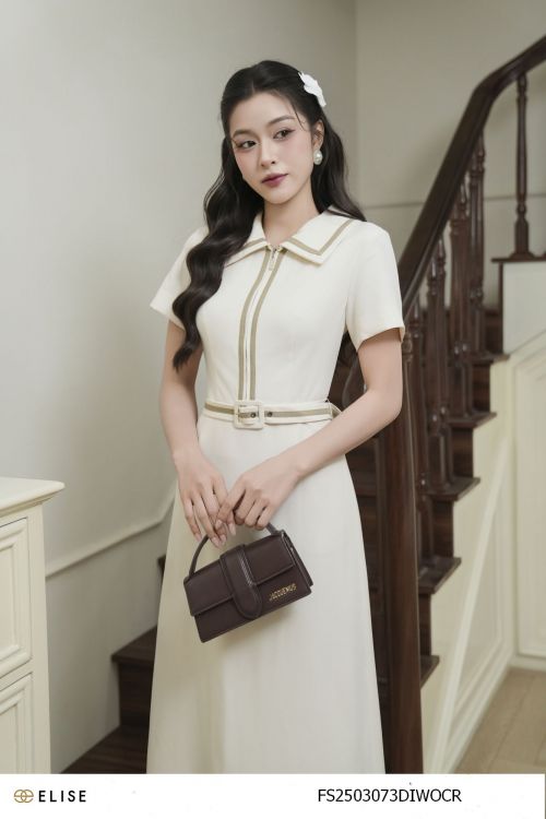 ĐẦM KEM CỔ ĐỨC VIỀN BE NÂU ĐAI CẠP
