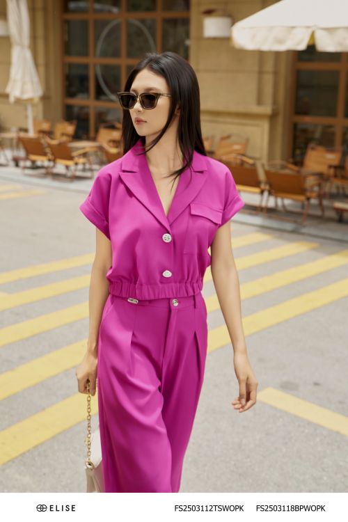 ÁO SẠN HỒNG TÍM CỔ VEST CHUN GẤU