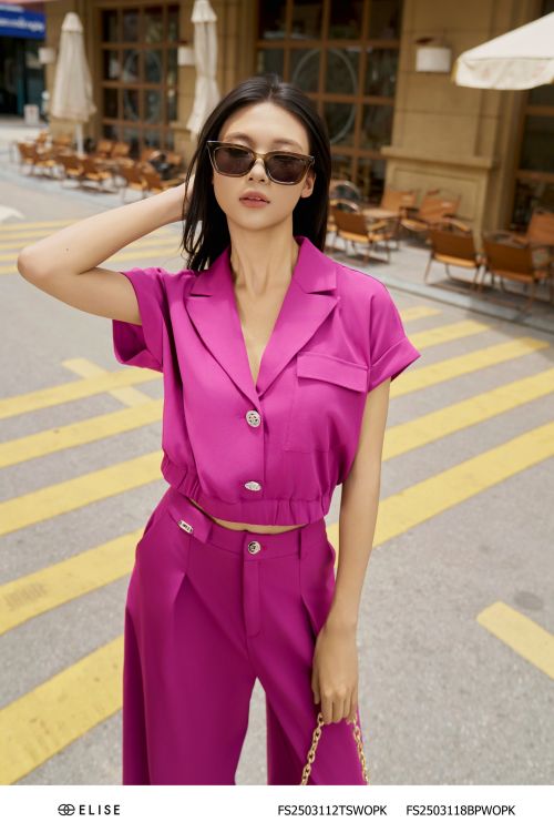 ÁO SẠN HỒNG TÍM CỔ VEST CHUN GẤU