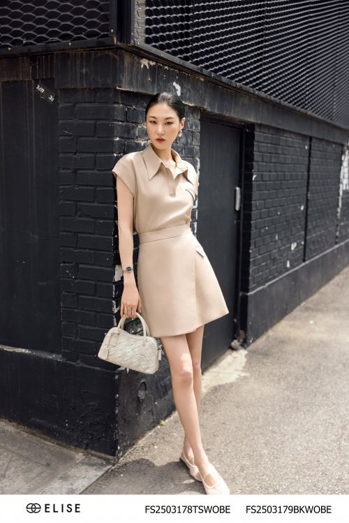 JUPE VÂN BE NÂU PHỦ VẠT CHÉO