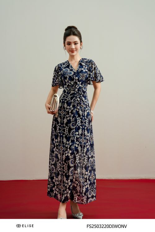 ĐẦM CHIFFON HT TÍM THAN XẾP NHÚN EO