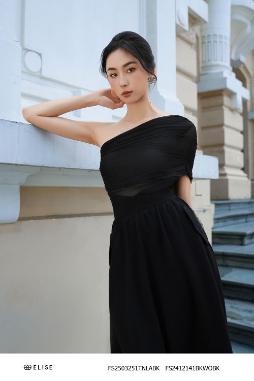 ÁO LƯỚI CHUN ĐEN VẠT PHỦ LỆCH VAI