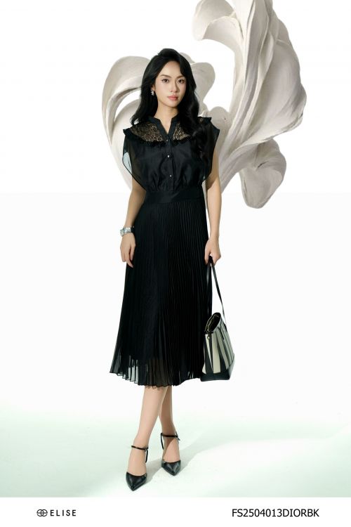 ĐẦM TƠ ĐEN CỔ V PHỐI REN TRƯỚC