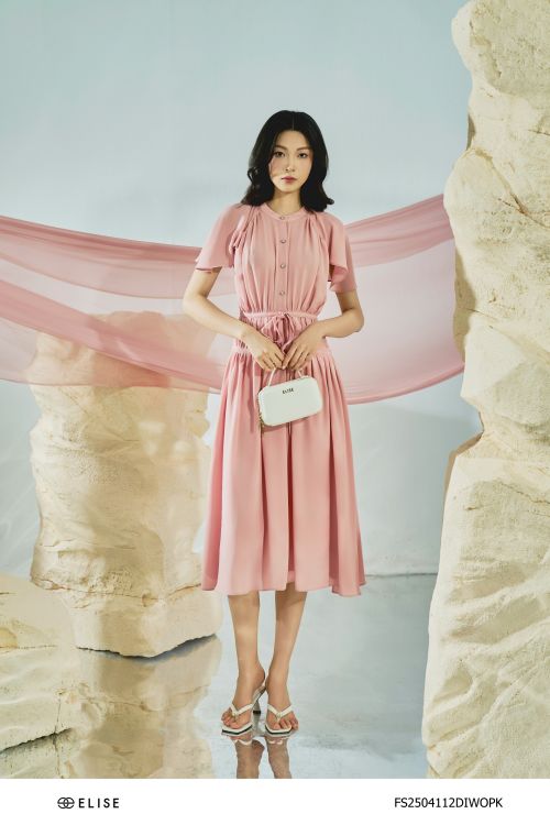 ĐẦM HỒNG PHẤN NHÚN EO TAY CAPE