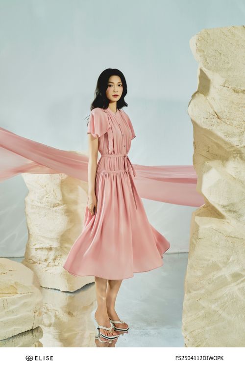 ĐẦM HỒNG PHẤN NHÚN EO TAY CAPE