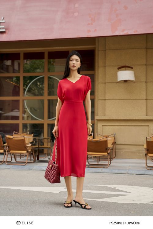 ĐẦM SẠN ĐỎ ĐẬM CỔ V TAY DƠI