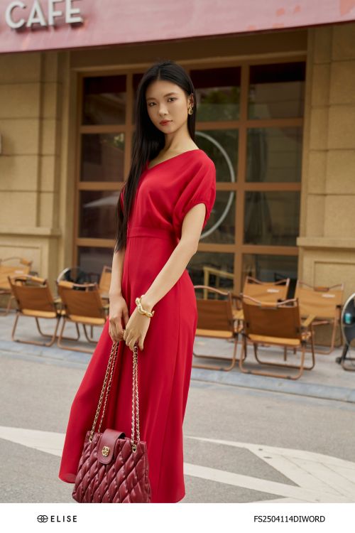ĐẦM SẠN ĐỎ ĐẬM CỔ V TAY DƠI
