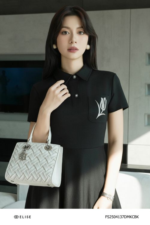ĐẦM UMI ĐEN THÊU HOA TÚI NGỰC