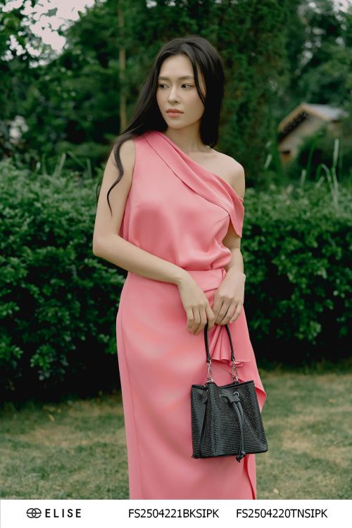 JUPE LỤA HỒNG SAN HÔ VẠT BÈO NHÚN EO