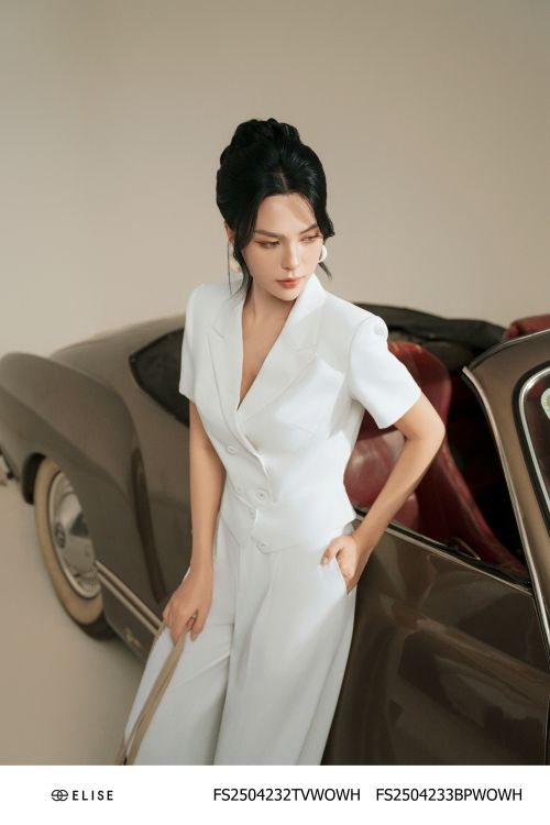 ÁO SẠN TRẮNG CỔ VEST CÚC ĐAI EO