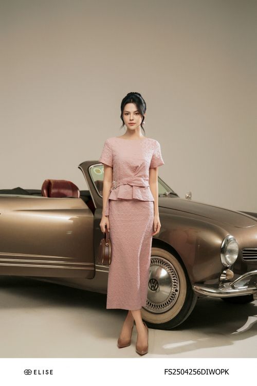 ĐẦM XỐP HỒNG PEPLUM PHỐI ĐAI EO