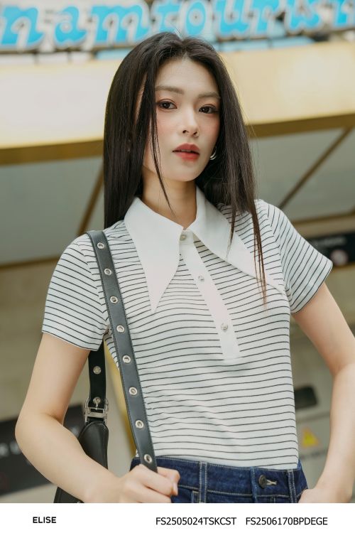 ÁO THUN KẺ CỔ PHỐI TRẮNG