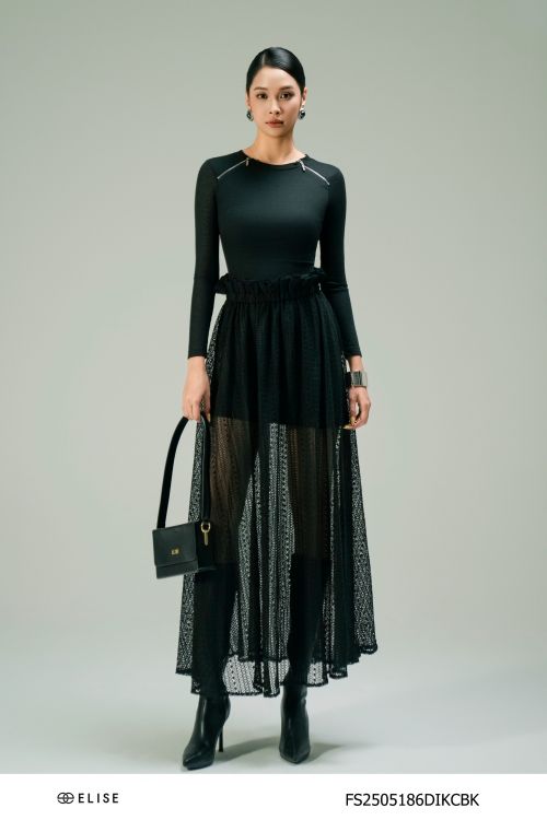 ĐẦM THUN TĂM KHÓA VAI KÈM CV REN LƯỚI ĐEN