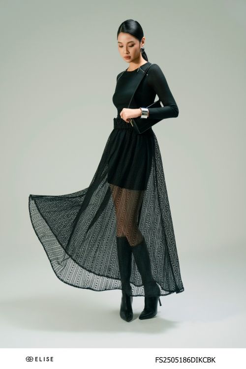 ĐẦM THUN TĂM KHÓA VAI KÈM CV REN LƯỚI ĐEN