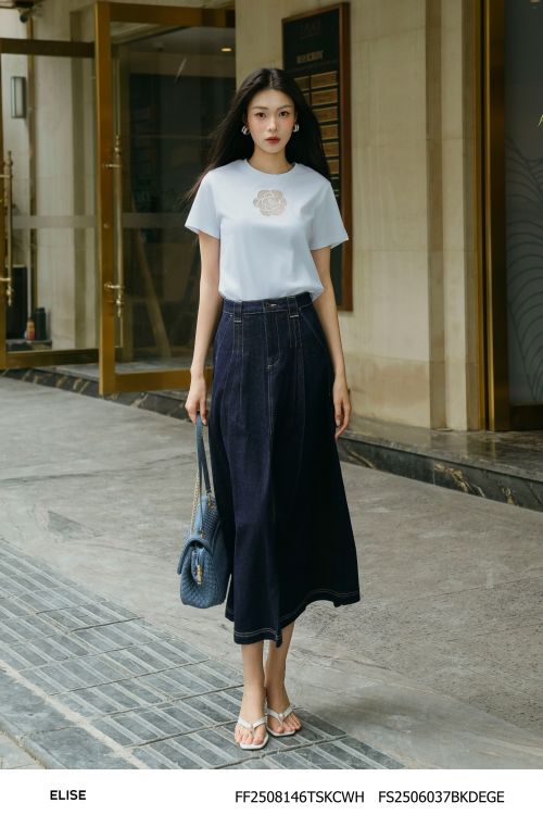 JUPE DENIM XANH CHÀM XẾP LY