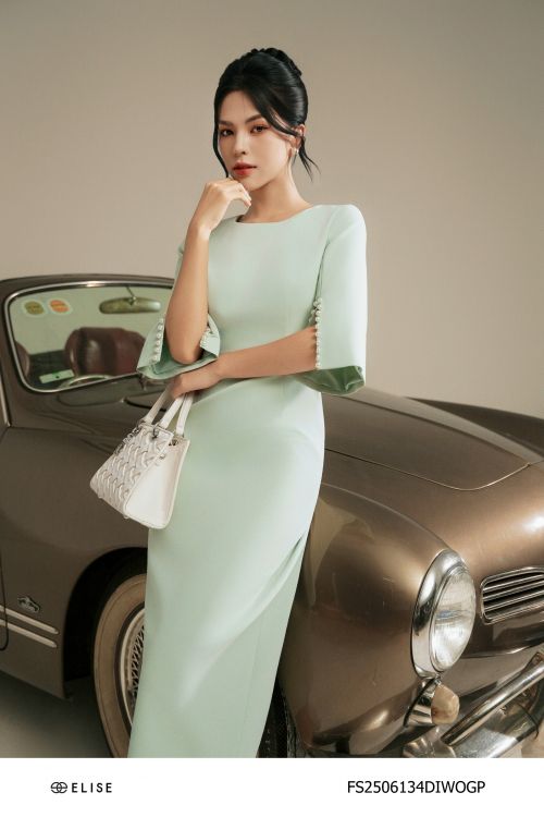 ĐẦM SẠN XANH PASTEL ĐÍNH HẠT TRAI TAY