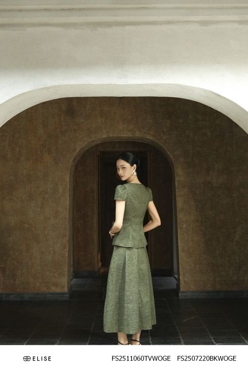 CHÂN VÁY XANH OLIVE VÂN ĐEN DIỄU CHỈ