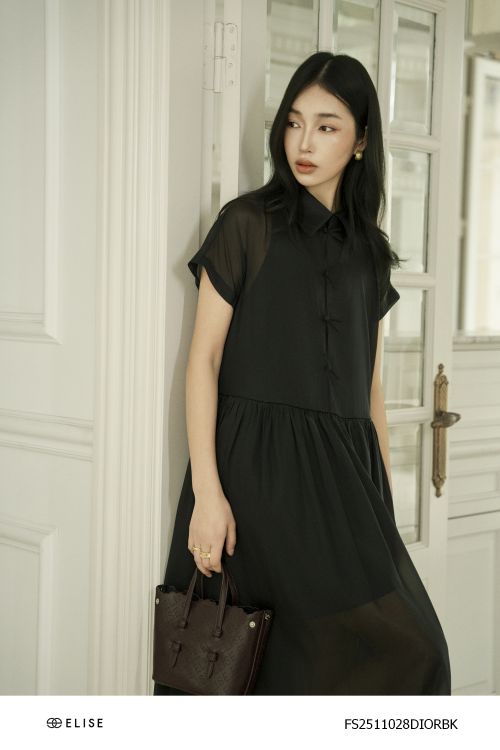 ĐẦM TƠ ĐEN PHỐI CỔ LỤA