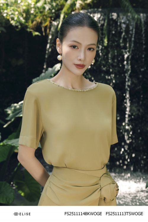 ÁO XANH OLIU ĐÍNH CƯỜM CỔ