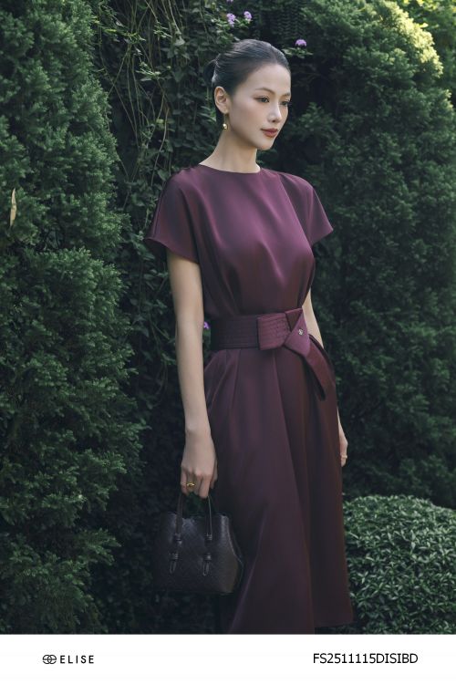 ĐẦM LỤA BURGUNDY ĐAI NƠ EO