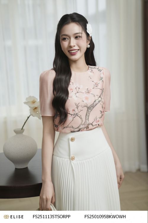 SM TƠ HOA MÀU HỒNG XẾP NHÚN VAI