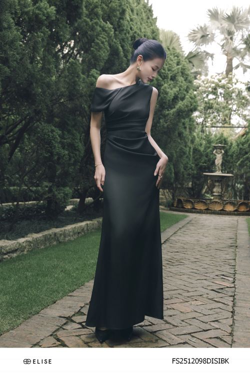 ĐẦM LỤA ĐEN NHÚN EO VAI LỆCH