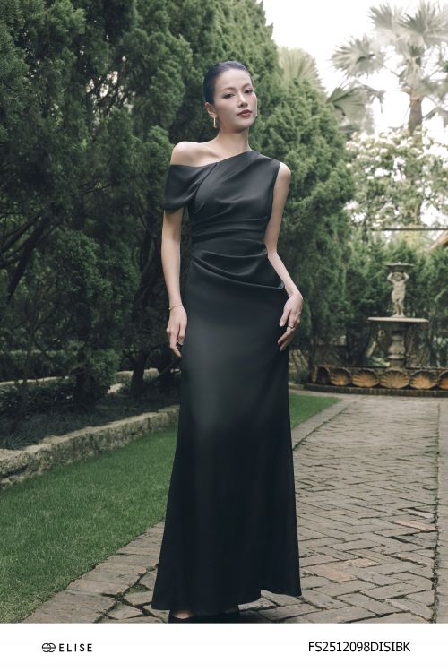 ĐẦM LỤA ĐEN NHÚN EO VAI LỆCH