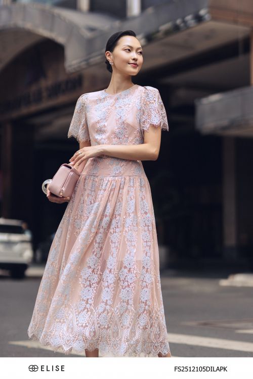 ĐẦM REN HỒNG HT HOA XANH ĐAI EO