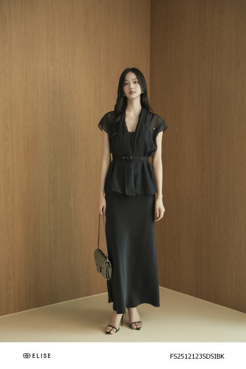 SET ĐẦM LỤA ĐEN KÈM ÁO TƠ ĐAI EO