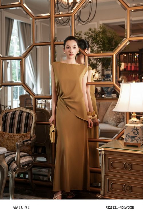 ĐẦM TUYTSY LỤA XANH OLIU VẠT CHÉO BÊN