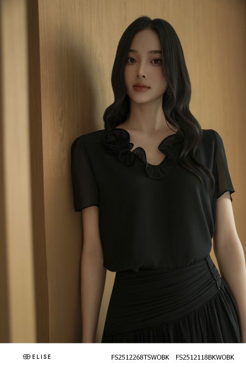 ÁO CHIFFON ĐEN CUỐN HOA CỔ