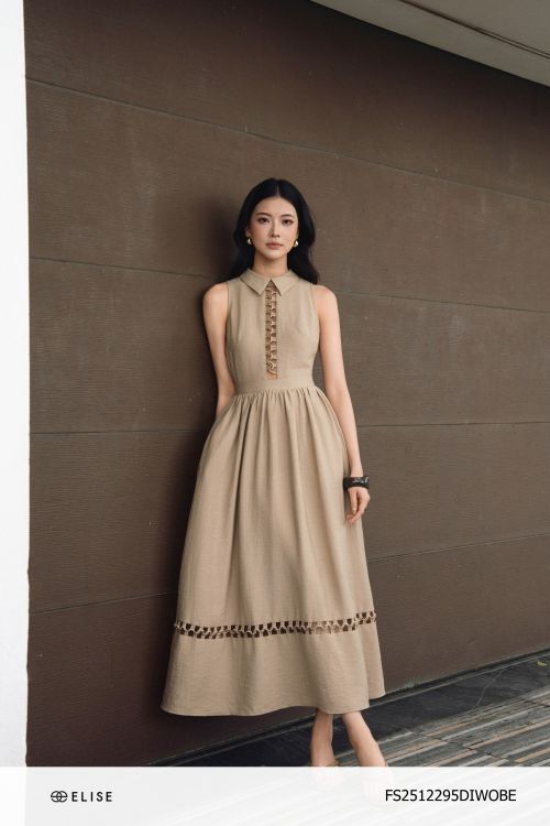 ĐẦM LINEN NÂU NHẠT PHỐI DÂY ĐAN CỔ ĐỨC