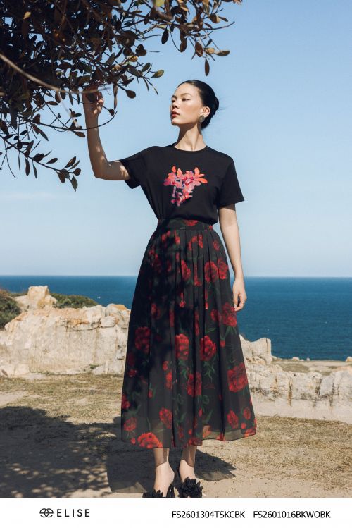 CV CHIFFON ĐEN HT HOA XẾP NHÚN LY