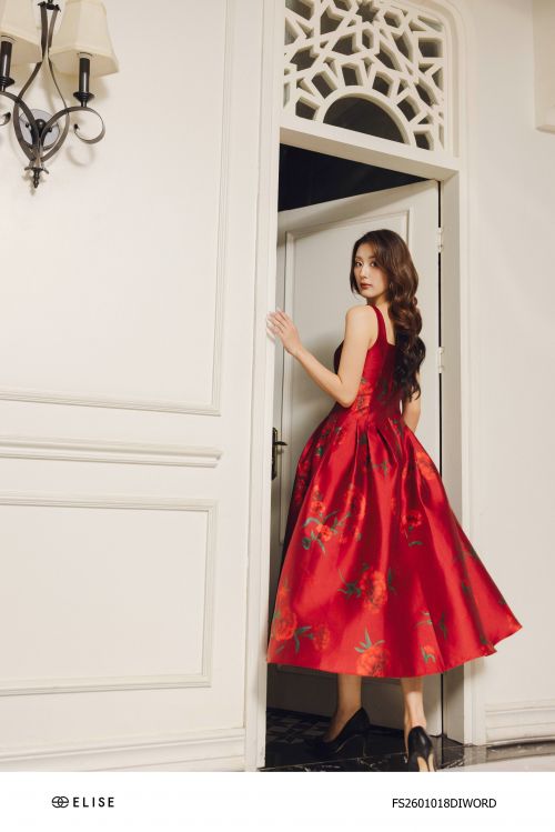 ĐẦM TAFTA ĐỎ SẪM HT HOA ĐAI EO