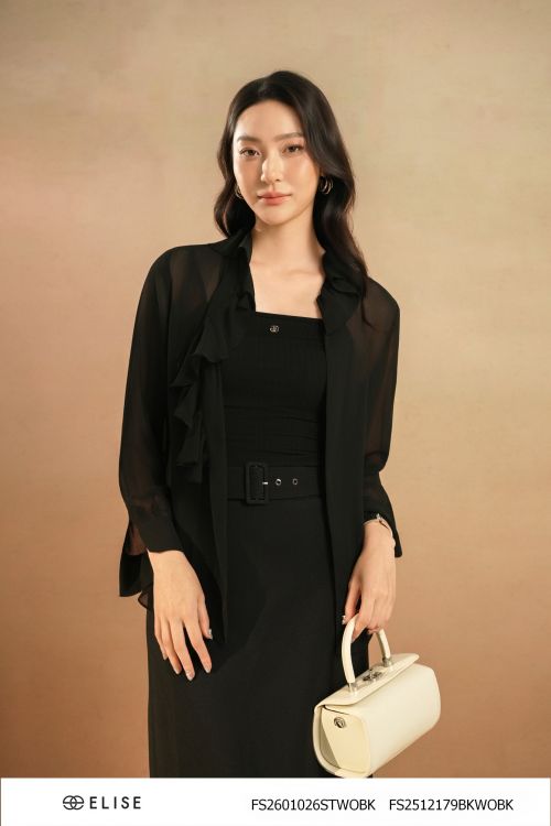SET SƠ MI CHIFFON ĐEN BÈO CỔ