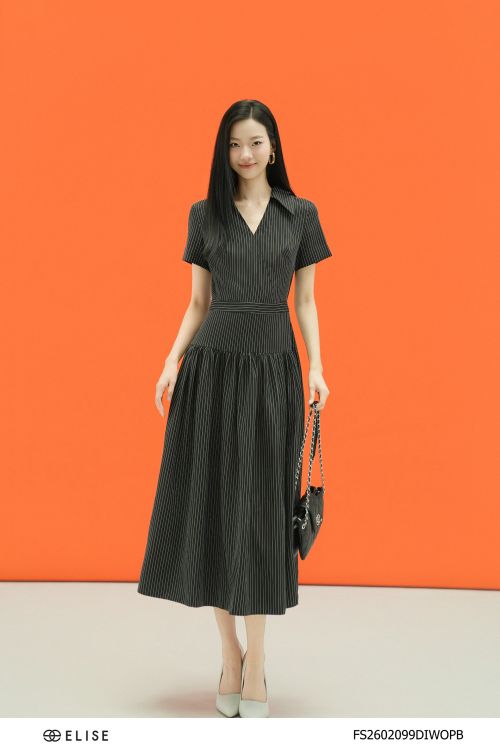 ĐẦM XỐP ĐEN VÂN NỔI ĐAI EO