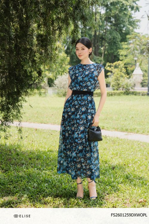ĐẦM CHIFFON HT HOA XANH PHỐI EO