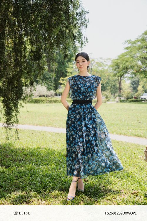 ĐẦM CHIFFON HT HOA XANH PHỐI EO