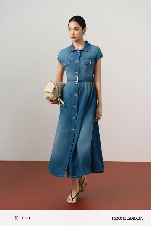 ĐẦM DENIM XANH ĐAI EO