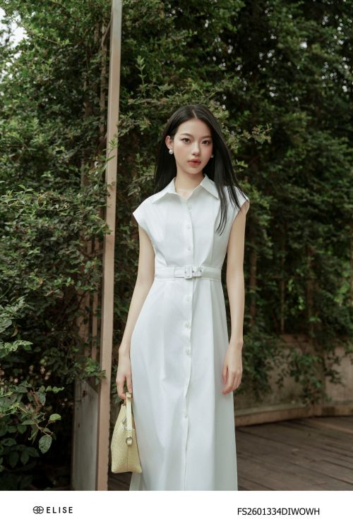ĐẦM KAKI TRẮNG VAI CHỜM ĐAI EO
