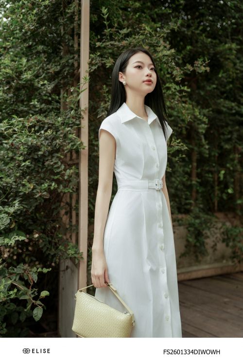 ĐẦM KAKI TRẮNG VAI CHỜM ĐAI EO