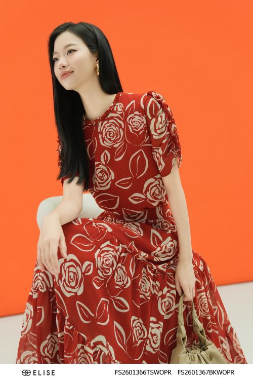 ÁO CHIFFON HOA NỀN ĐỎ XÉP BÈO TAY