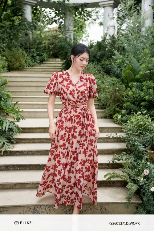 ĐẦM CHIFFON HT HOA ĐỎ CỔ CHÉO