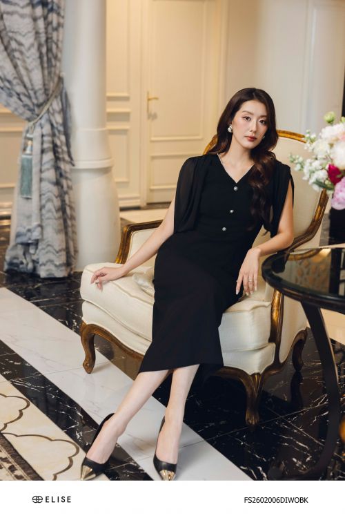 ĐẦM ĐEN ĐAI EO PHỐI VAI CHIFFON