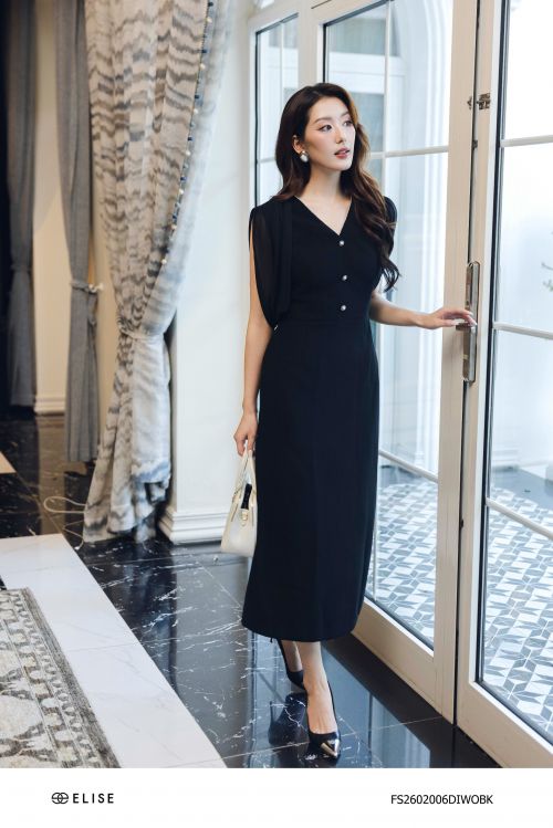 ĐẦM ĐEN ĐAI EO PHỐI VAI CHIFFON