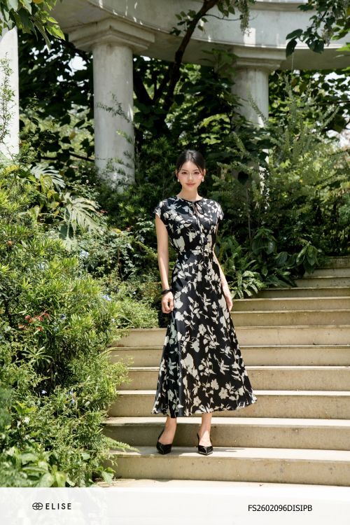 ĐẦM LỤA HOA NỀN ĐEN VAI CHỜM
