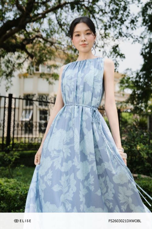 ĐẦM MAXI HT HOA XANH TẾT DÂY ĐAI