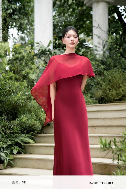 SET ĐẦM LỤA ĐỎ SẪM KÈM CHOÀNG CAPE