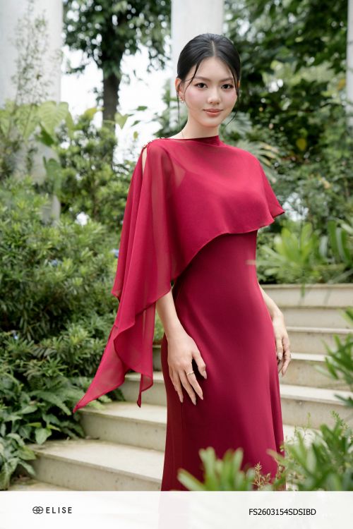 SET ĐẦM LỤA ĐỎ SẪM KÈM CHOÀNG CAPE